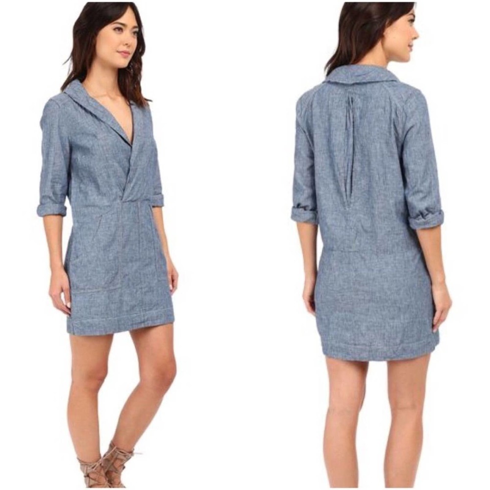 Free People Done Up Denim Chambray Dress Linen Blend XS